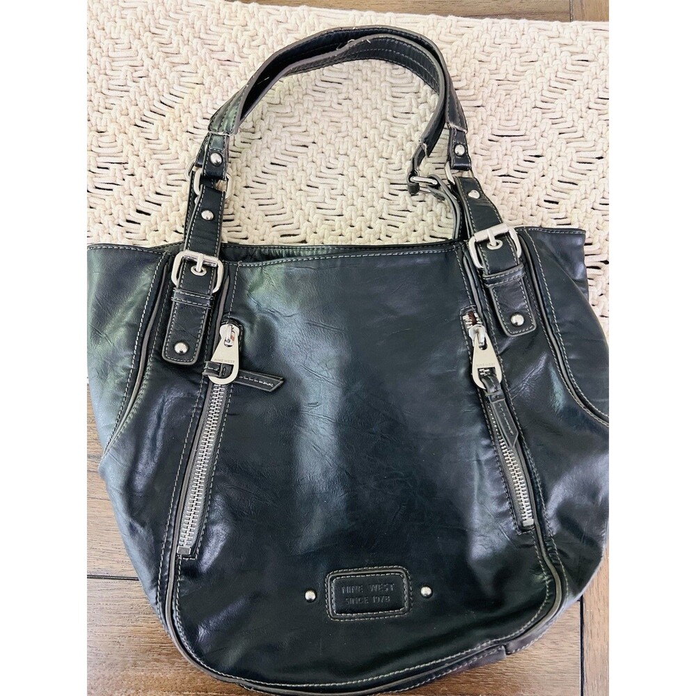 Nine West Black Vegan Leather Shoulder Tote Purse Double Zip Pocket Moto